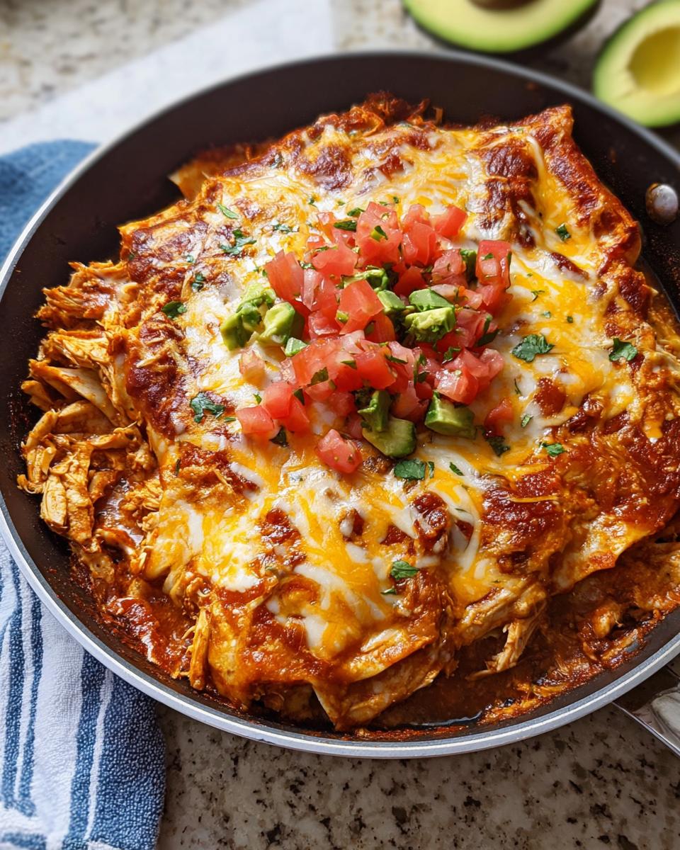 Close-up of cheesy 20-Minute Skillet Chicken Enchiladas topped with fresh diced tomatoes and avocado.