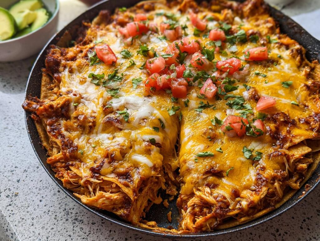 Close-up of cheesy 20-Minute Skillet Chicken Enchiladas topped with diced tomatoes and cilantro in a dark skillet.