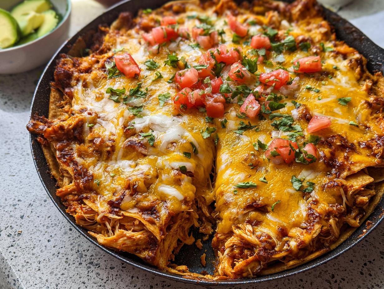 Close-up of cheesy 20-Minute Skillet Chicken Enchiladas topped with diced tomatoes and cilantro in a dark skillet.