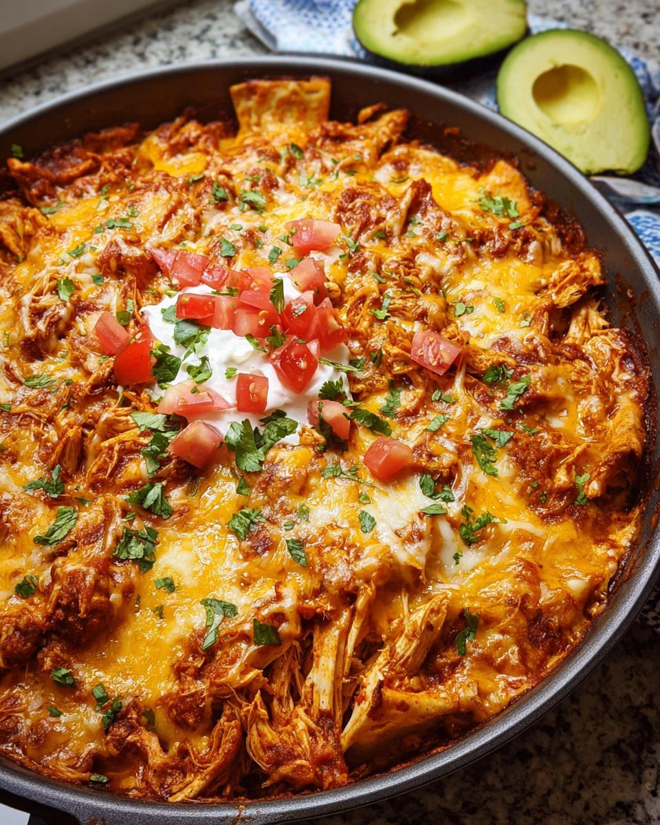 Close-up of 20-Minute Skillet Chicken Enchiladas topped with melted cheese, sour cream, tomatoes, and cilantro.