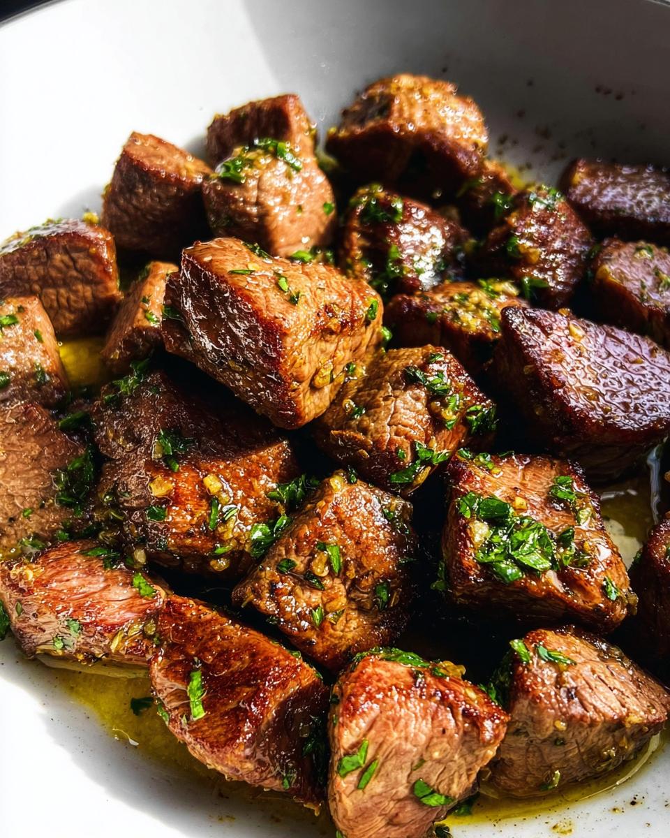 Close-up of perfectly seared 30-Minute Garlic Butter Steak Bites coated in garlic butter and fresh parsley.