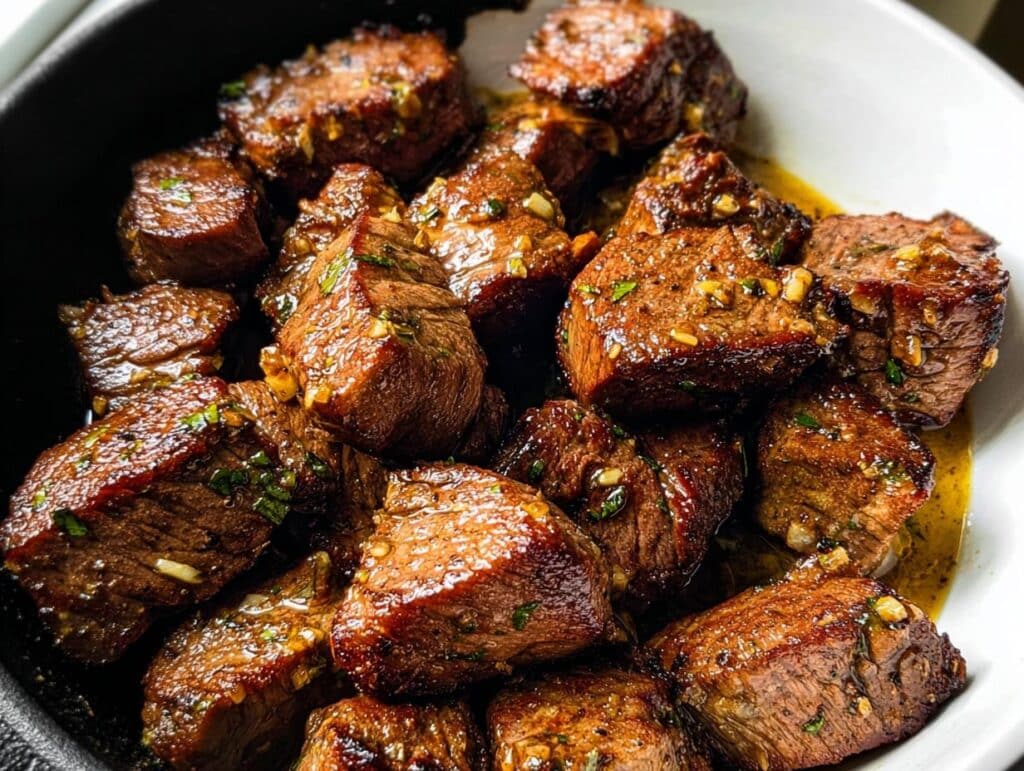 A close-up of perfectly seared 30-Minute Garlic Butter Steak Bites glistening in a savory sauce with visible garlic and herbs.