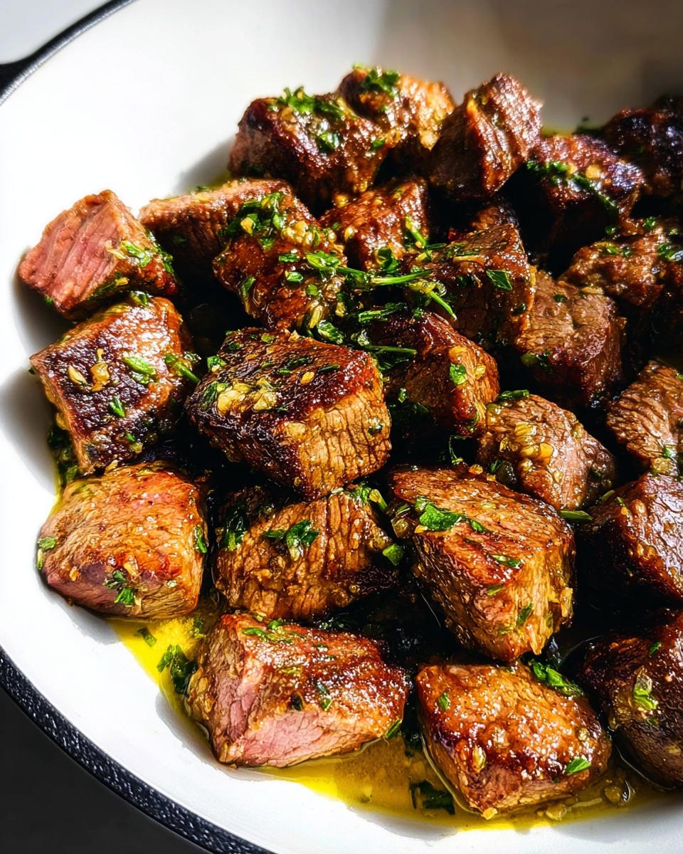 Close-up of perfectly seared 30-Minute Garlic Butter Steak Bites coated in garlic butter and fresh parsley.