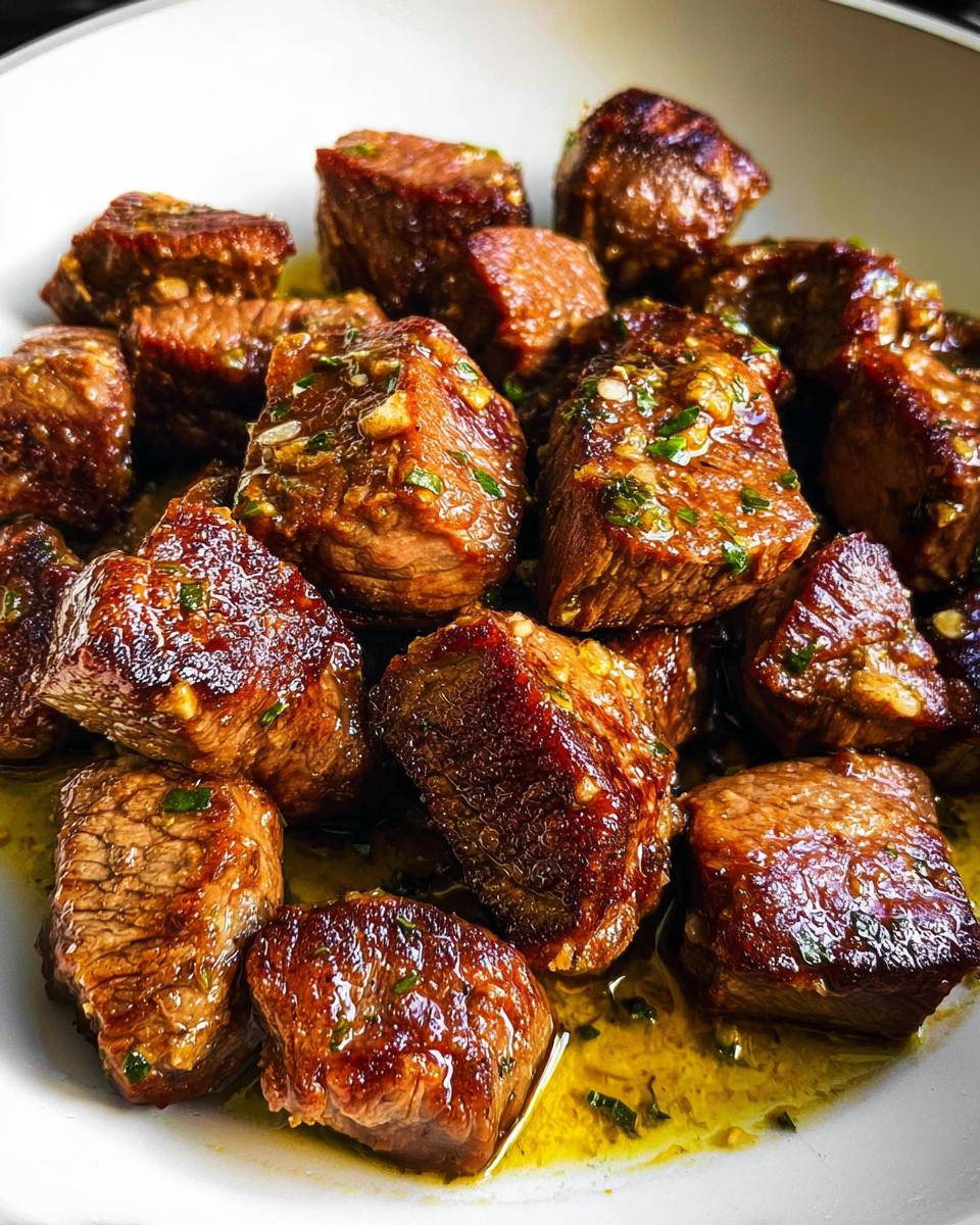 Close-up of seared, juicy 30-Minute Garlic Butter Steak Bites coated in a rich garlic butter sauce.