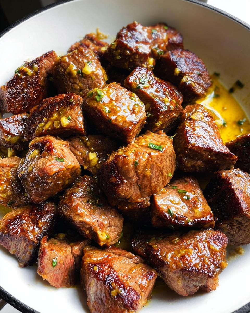 Close-up of juicy, seared 30-Minute Garlic Butter Steak Bites coated in a rich garlic butter sauce.
