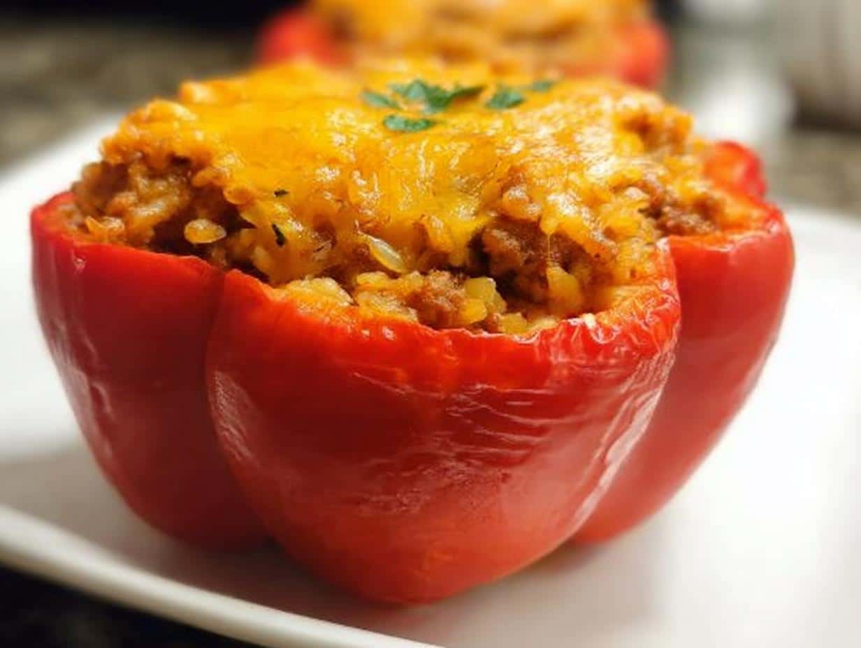 A close-up of a bright red bell pepper filled with seasoned meat and rice, topped with melted cheddar cheese, representing 30-Minute Taco Stuffed Peppers.