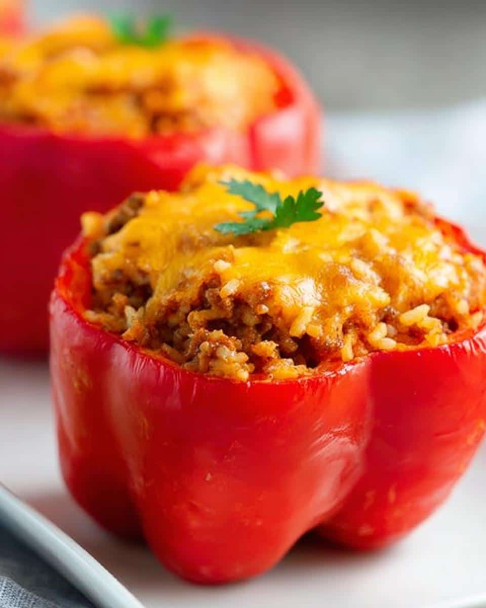 Close-up of a vibrant red bell pepper half filled with seasoned ground meat and rice, topped with melted cheddar cheese for 30-Minute Taco Stuffed Peppers.