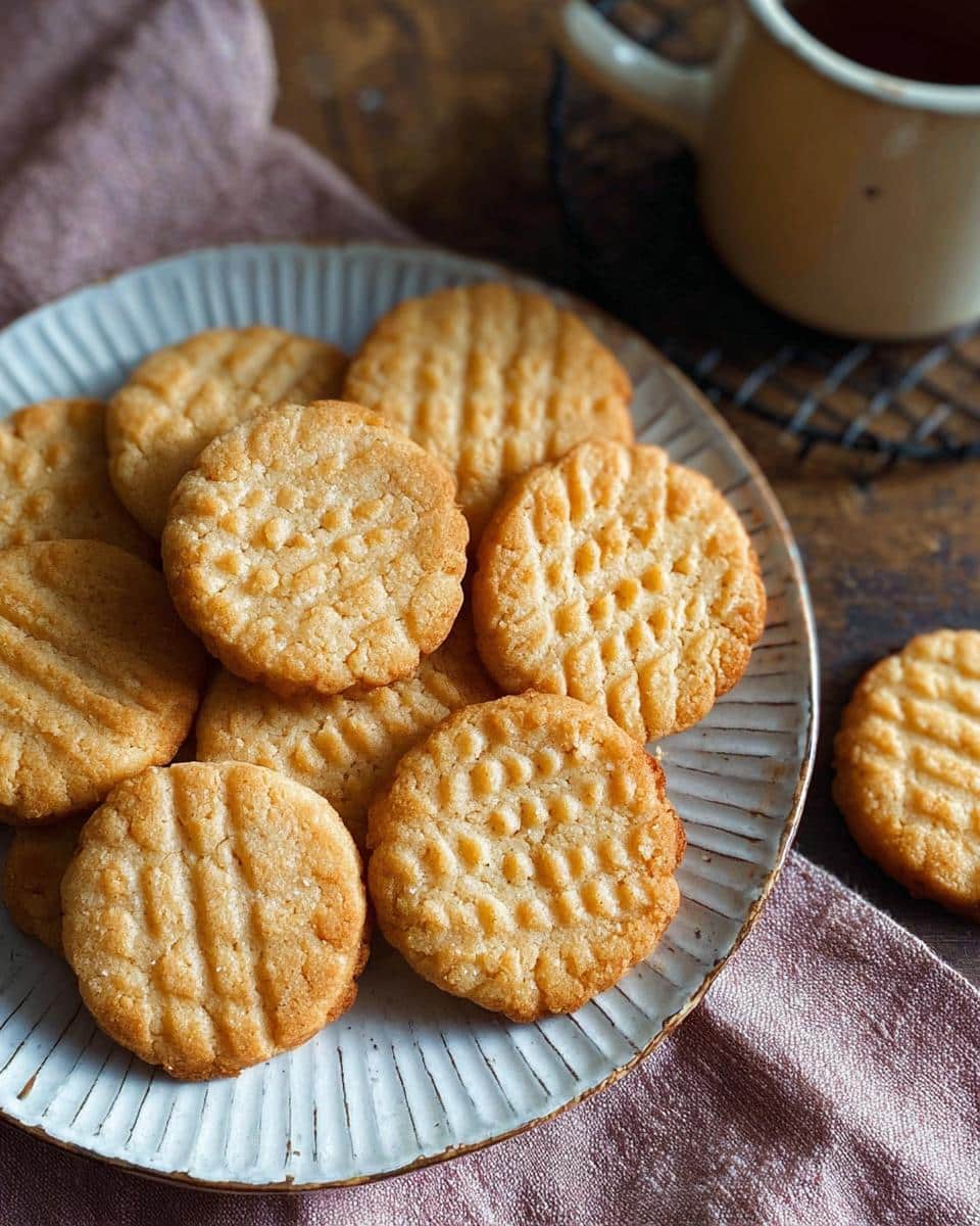 A plate stacked with round, golden Gluten-Free Cookies with Almond Flour, featuring a cross-hatch fork press pattern.