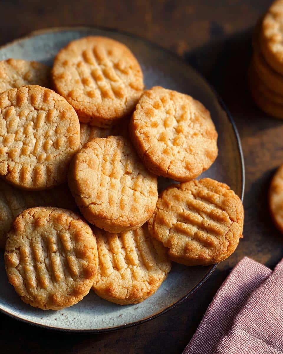 A close-up of several golden-brown Gluten-Free Cookies with Almond Flour stacked on a rustic plate, showing fork marks on top.
