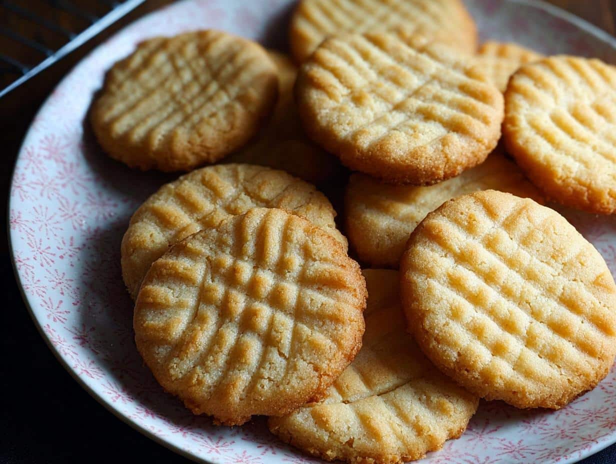 A close-up of golden brown Gluten-Free Cookies with Almond Flour, showing classic crosshatch fork marks, piled on a patterned plate.