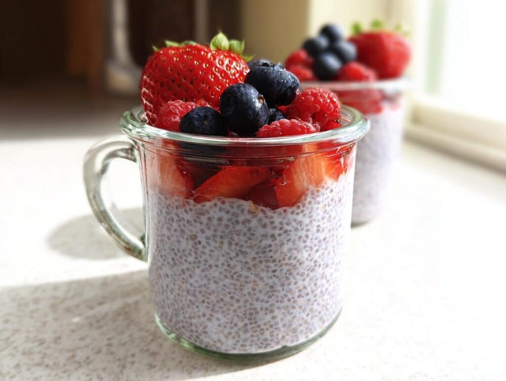 Close-up of Chia Pudding with Berries topped with fresh strawberries, blueberries, and raspberries in a clear glass mug.