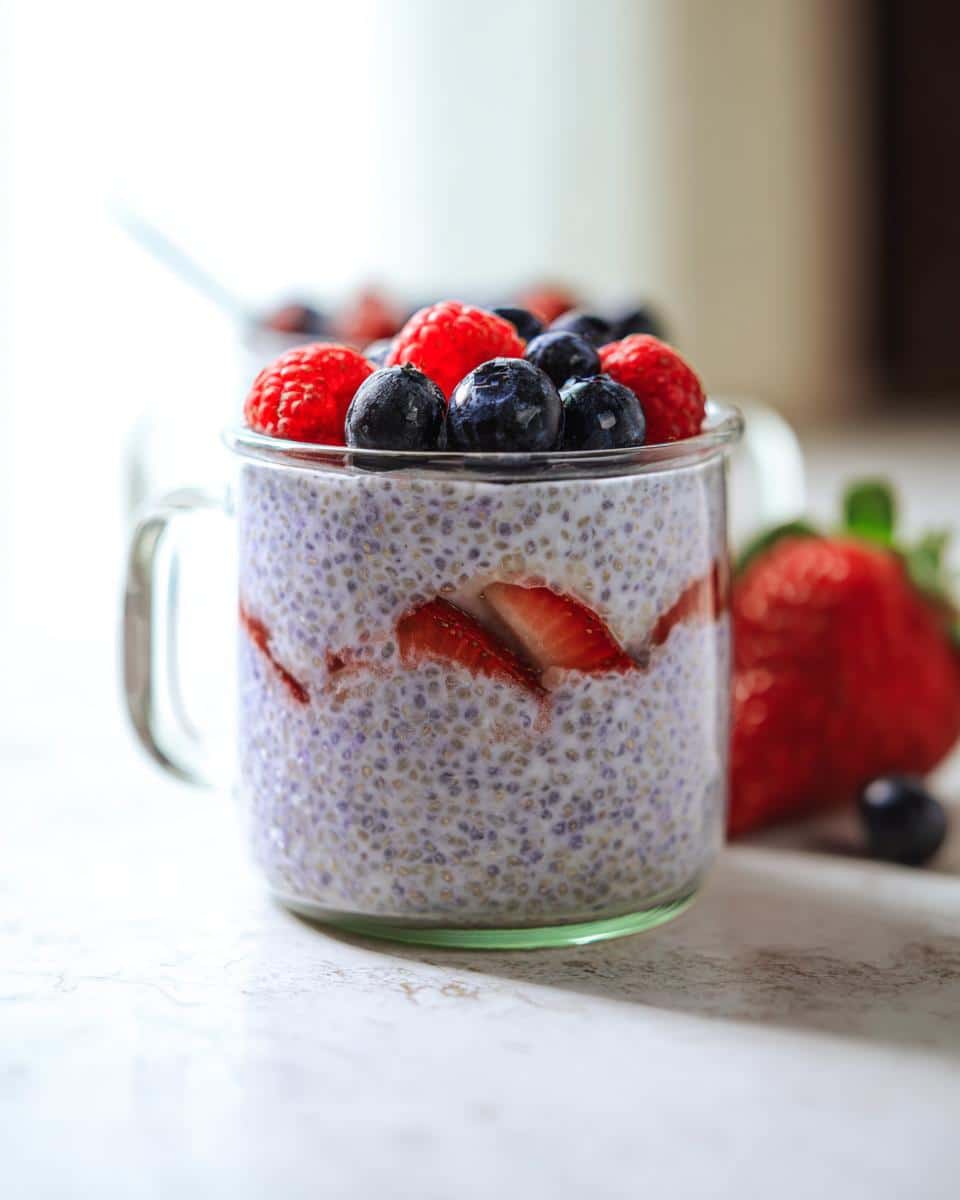 Close-up of Chia Pudding with Berries, topped with fresh blueberries and raspberries in a clear glass mug.
