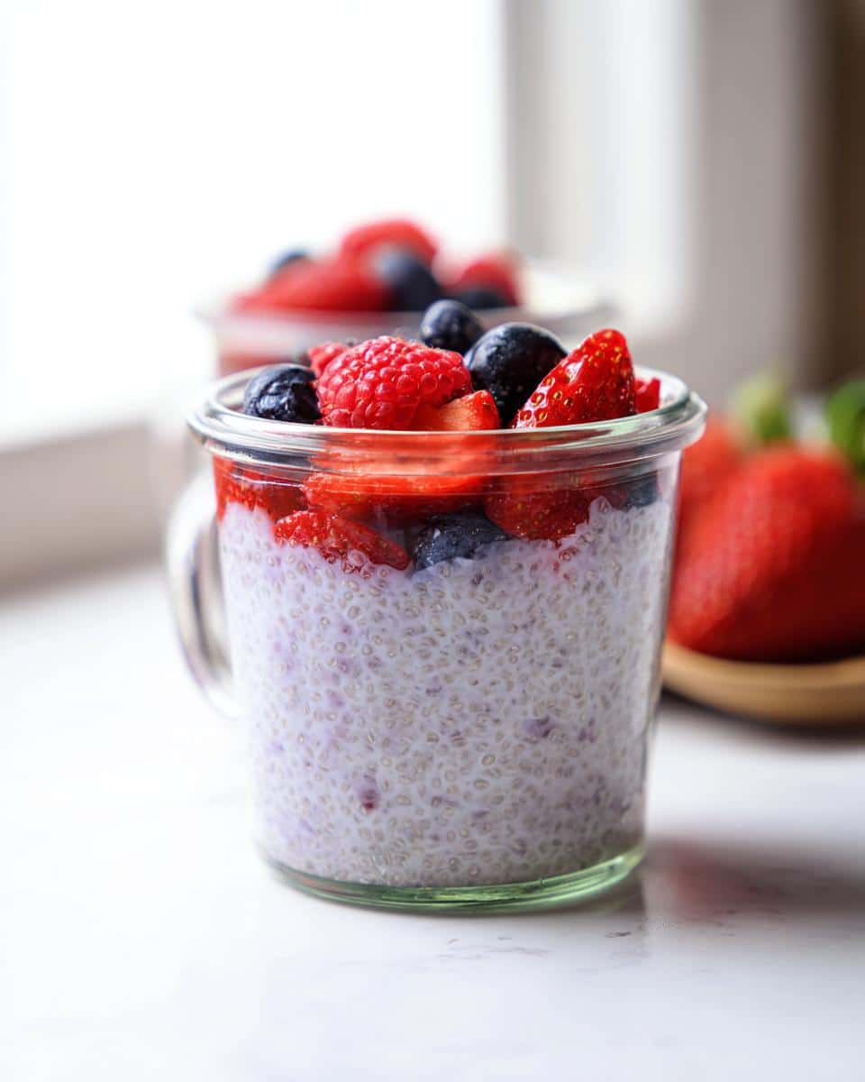 A glass jar filled with creamy Chia Pudding with Berries, topped with fresh raspberries, blueberries, and sliced strawberries.