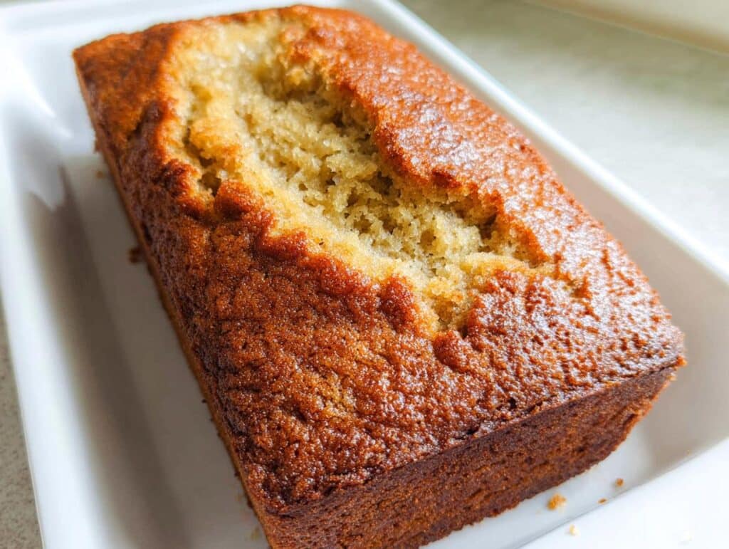A golden-brown loaf of Almond Flour Banana Bread resting on a white platter, showing a crack on top.