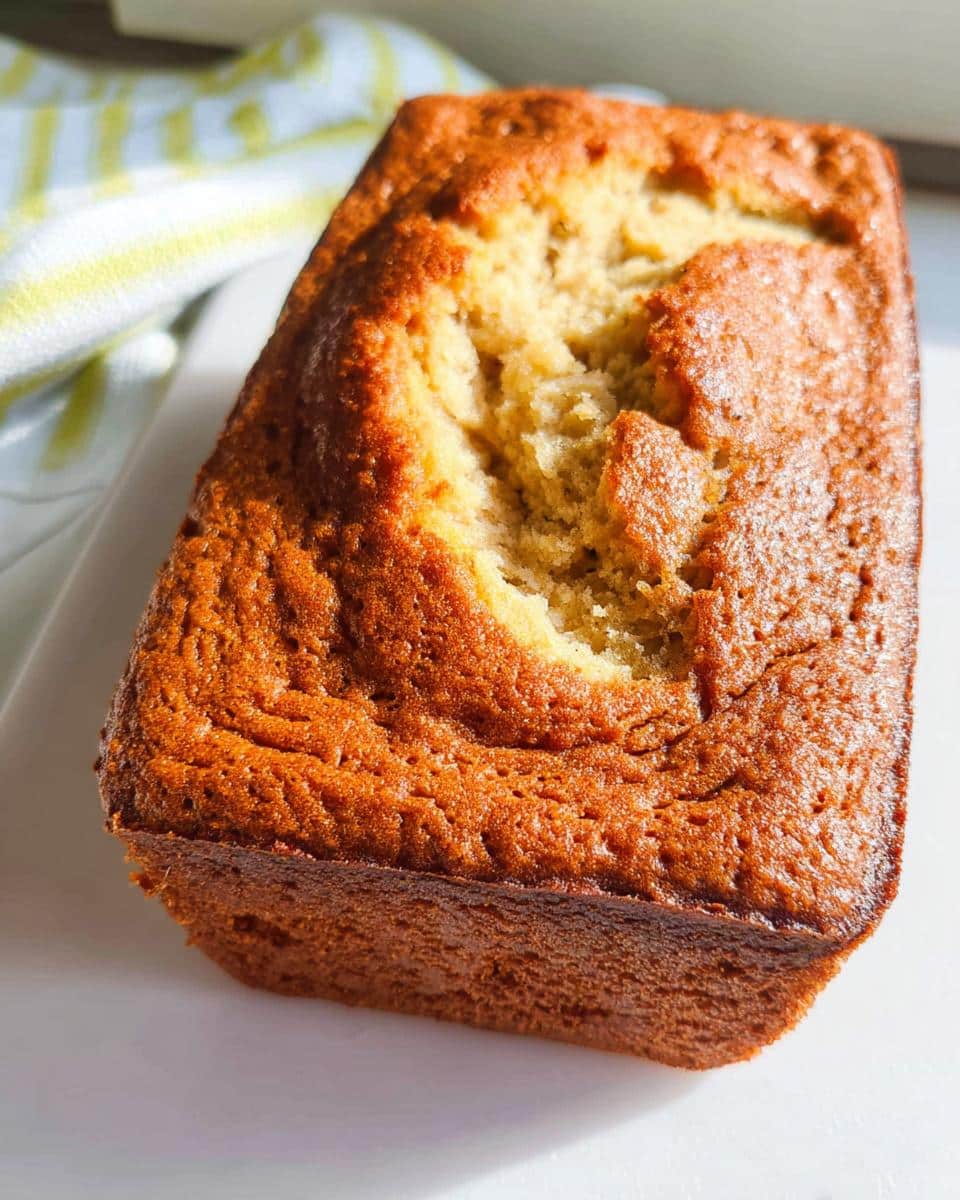 A golden brown loaf of freshly baked Almond Flour Banana Bread with a characteristic crack down the center.
