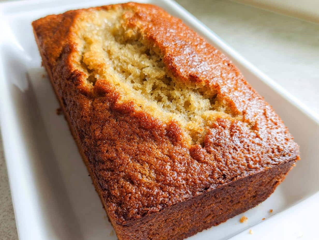 A golden-brown loaf of Almond Flour Banana Bread resting on a white platter, showing a crack on top.