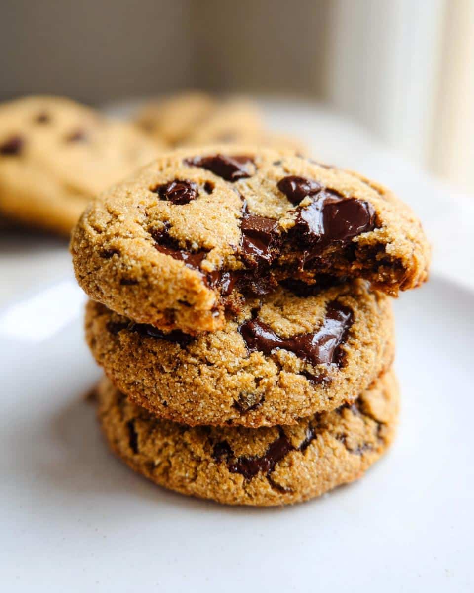 A stack of three soft Almond Flour Chocolate Chip Cookies, with the top one having a bite taken out revealing gooey melted chocolate.
