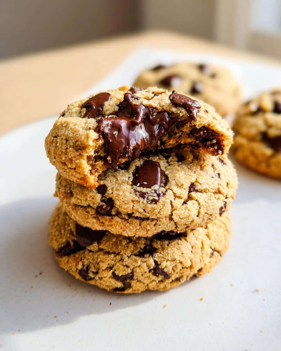 Close-up of three stacked Almond Flour Chocolate Chip Cookies, with the top one broken open revealing melted chocolate.