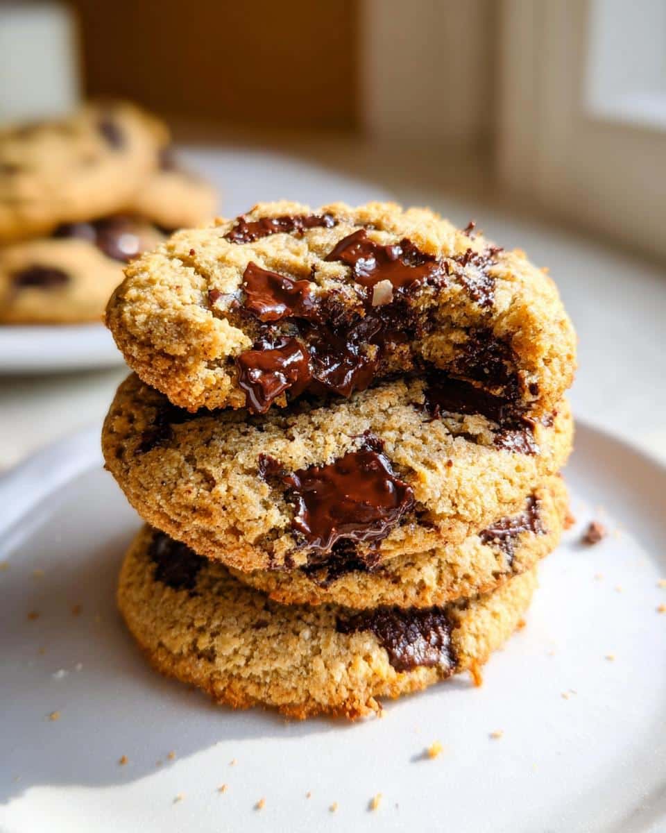 Stack of three gooey Almond Flour Chocolate Chip Cookies with melted chocolate oozing out of the top one.