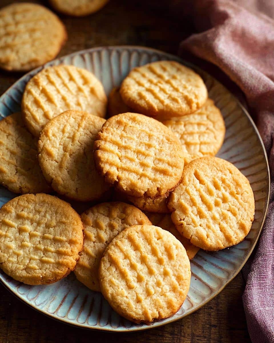 A plate piled high with freshly baked Gluten-Free Cookies with Almond Flour, showing crosshatch fork marks.