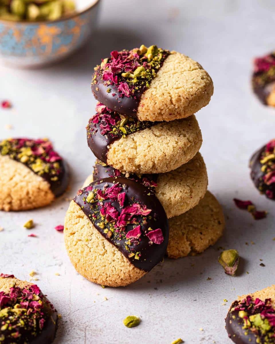 A stack of Almond Flour Shortbread cookies dipped in dark chocolate and topped with pistachios and rose petals.