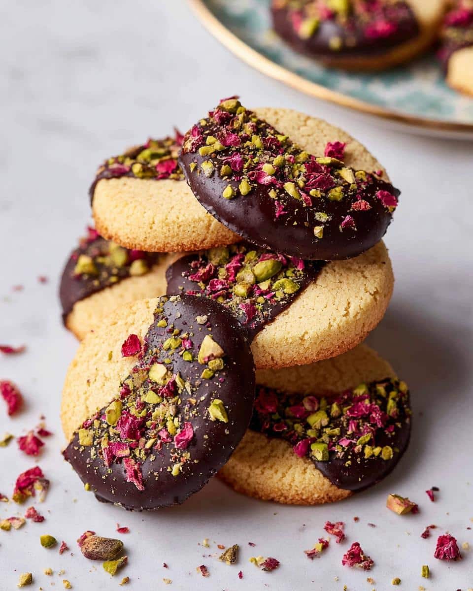 Stack of Almond Flour Shortbread cookies dipped in dark chocolate and topped with pistachios and dried rose petals.