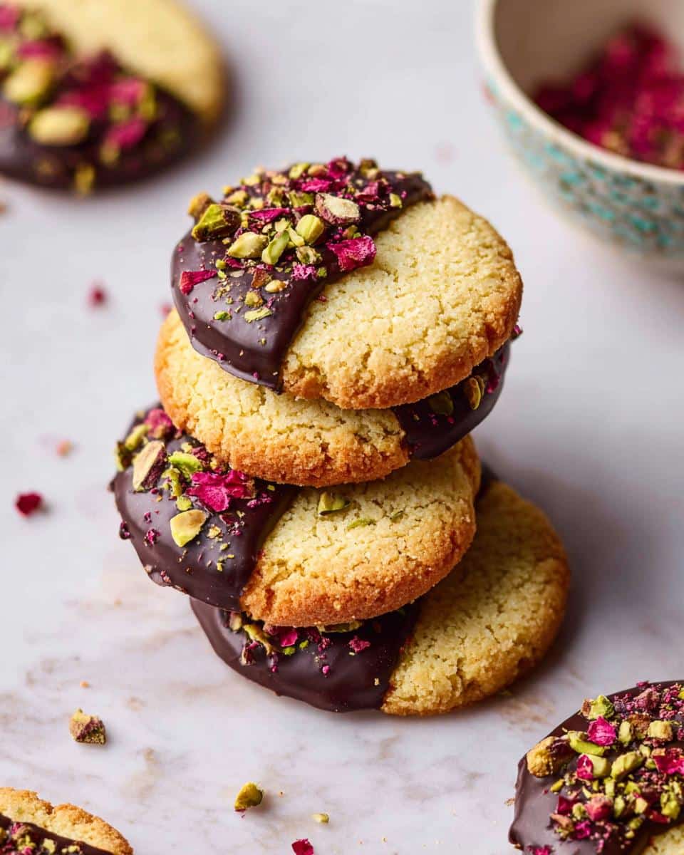 A stack of three Almond Flour Shortbread cookies dipped in dark chocolate and topped with pistachios and rose petals.