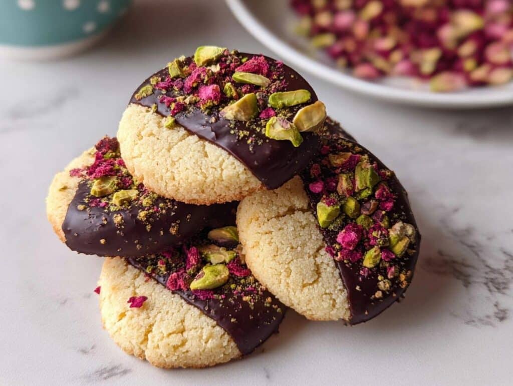 Stack of Almond Flour Shortbread cookies dipped in dark chocolate and topped with pistachios and dried rose petals.