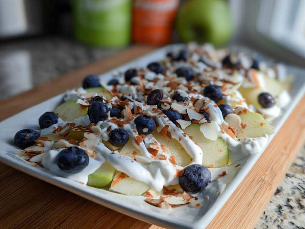 Close-up of Apple Nachos with Greek Yogurt Drizzle, topped with blueberries and toasted almonds.
