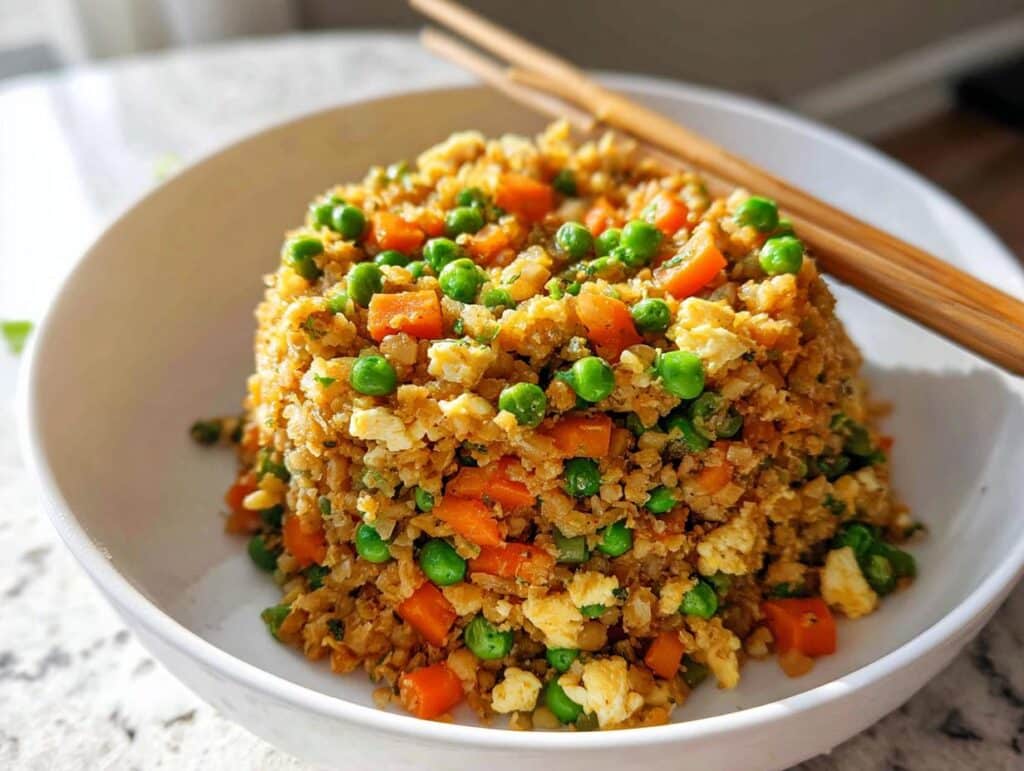 A white bowl filled with healthy Cauliflower Fried Rice mixed with bright green peas and diced carrots.