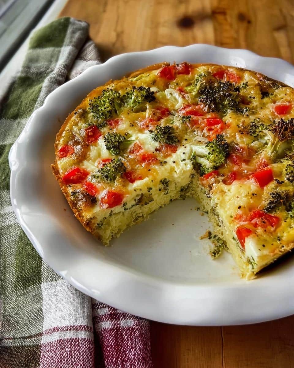 A freshly baked Crustless Vegetable Quiche with visible broccoli florets and diced red peppers in a white dish.