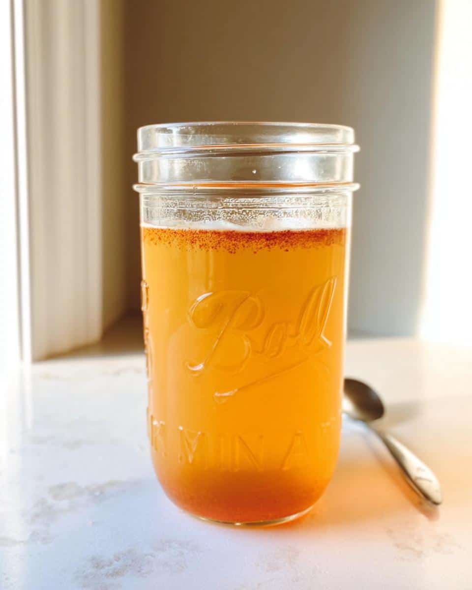A bright orange Apple Cider Vinegar Detox Drink served in a Ball mason jar with spices floating on top.