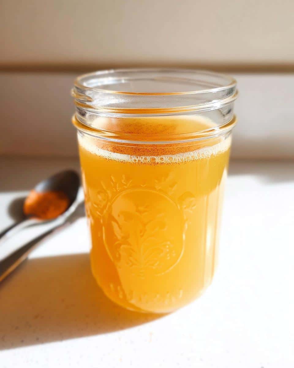 A bright orange Apple Cider Vinegar Detox Drink served in a clear mason jar, with a spoon of spice nearby.