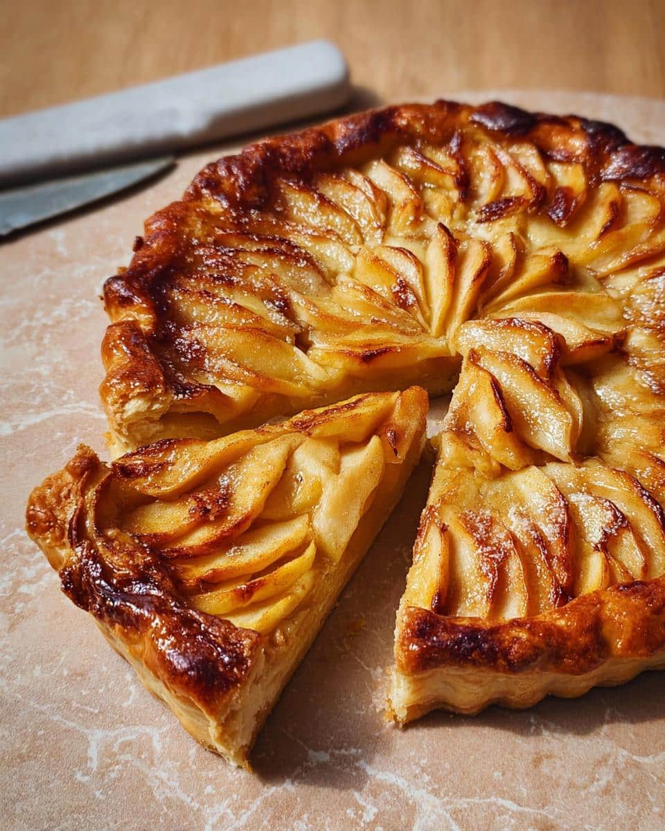 A golden-brown Apple Free-Form Tart with thinly sliced apples arranged in a fan pattern, two slices cut out.