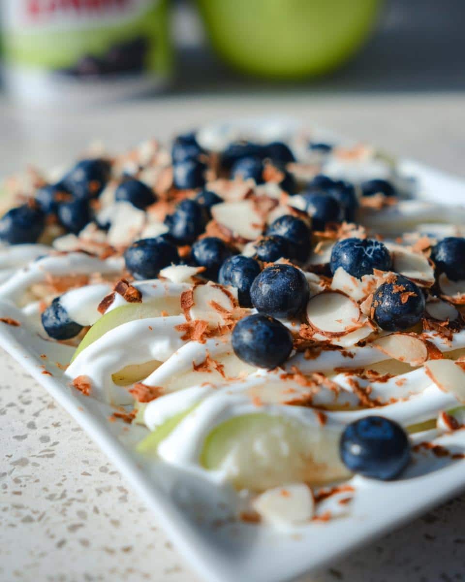 Close-up of Apple Nachos with Greek Yogurt Drizzle, topped with fresh blueberries and sliced almonds.