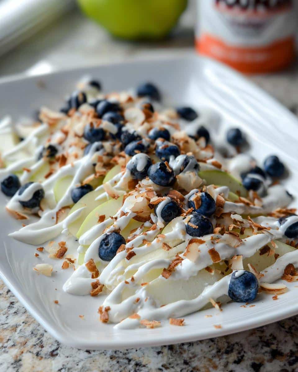Close-up of Apple Nachos with Greek Yogurt Drizzle, topped with blueberries and toasted coconut flakes.