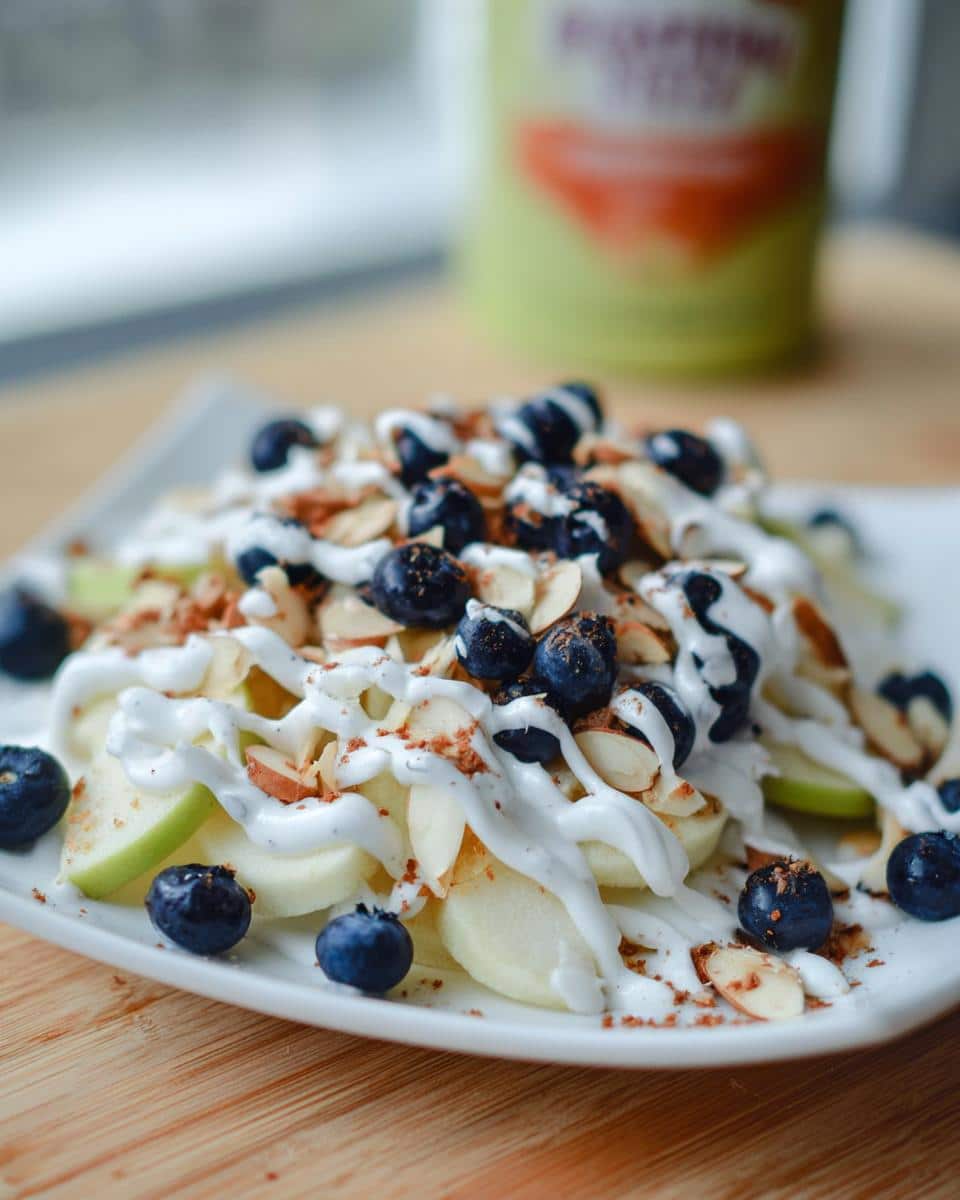 Close-up of Apple Nachos with Greek Yogurt Drizzle, topped with blueberries and sliced almonds.