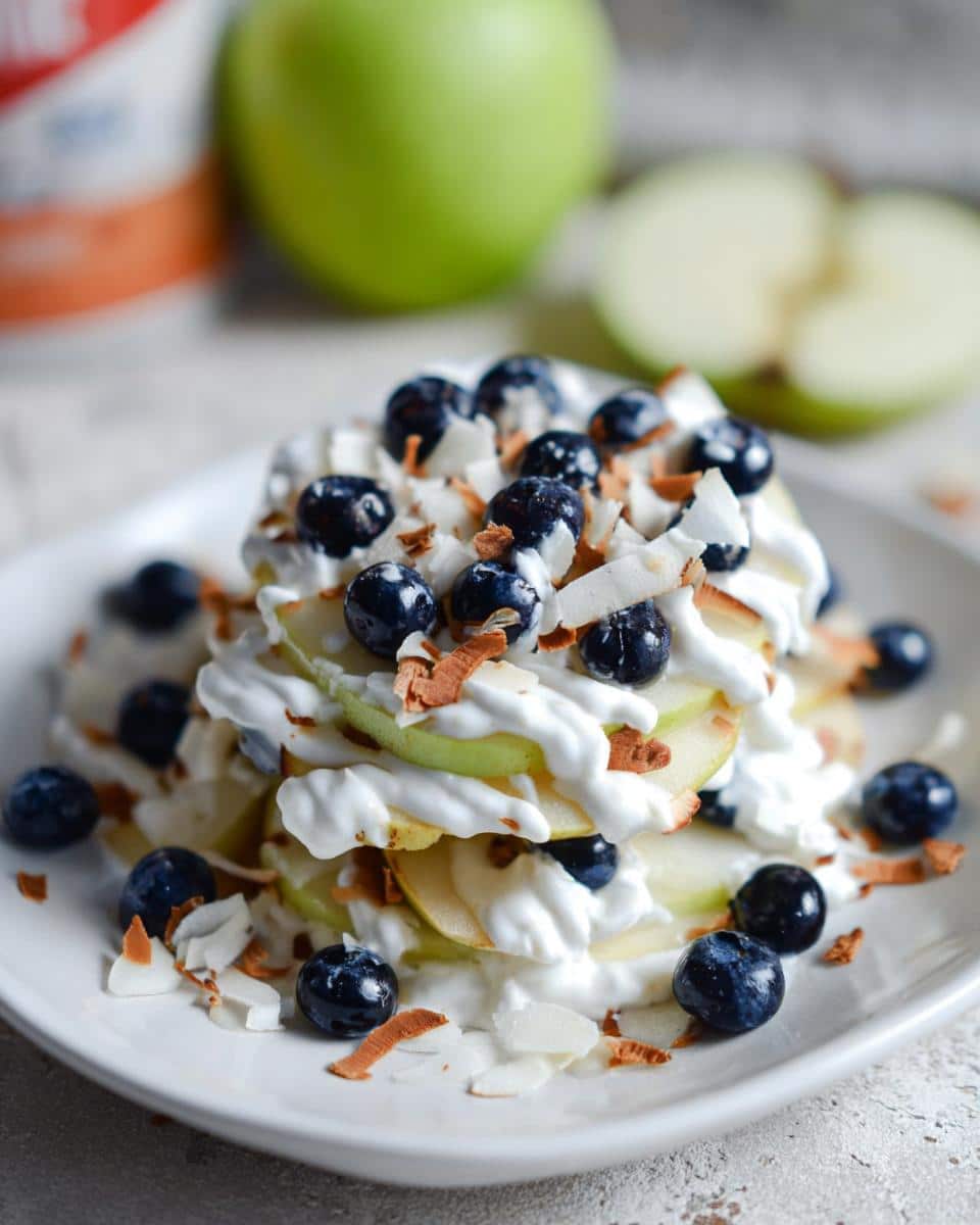 A stack of Apple Nachos with Greek Yogurt Drizzle, topped with blueberries and toasted coconut flakes.