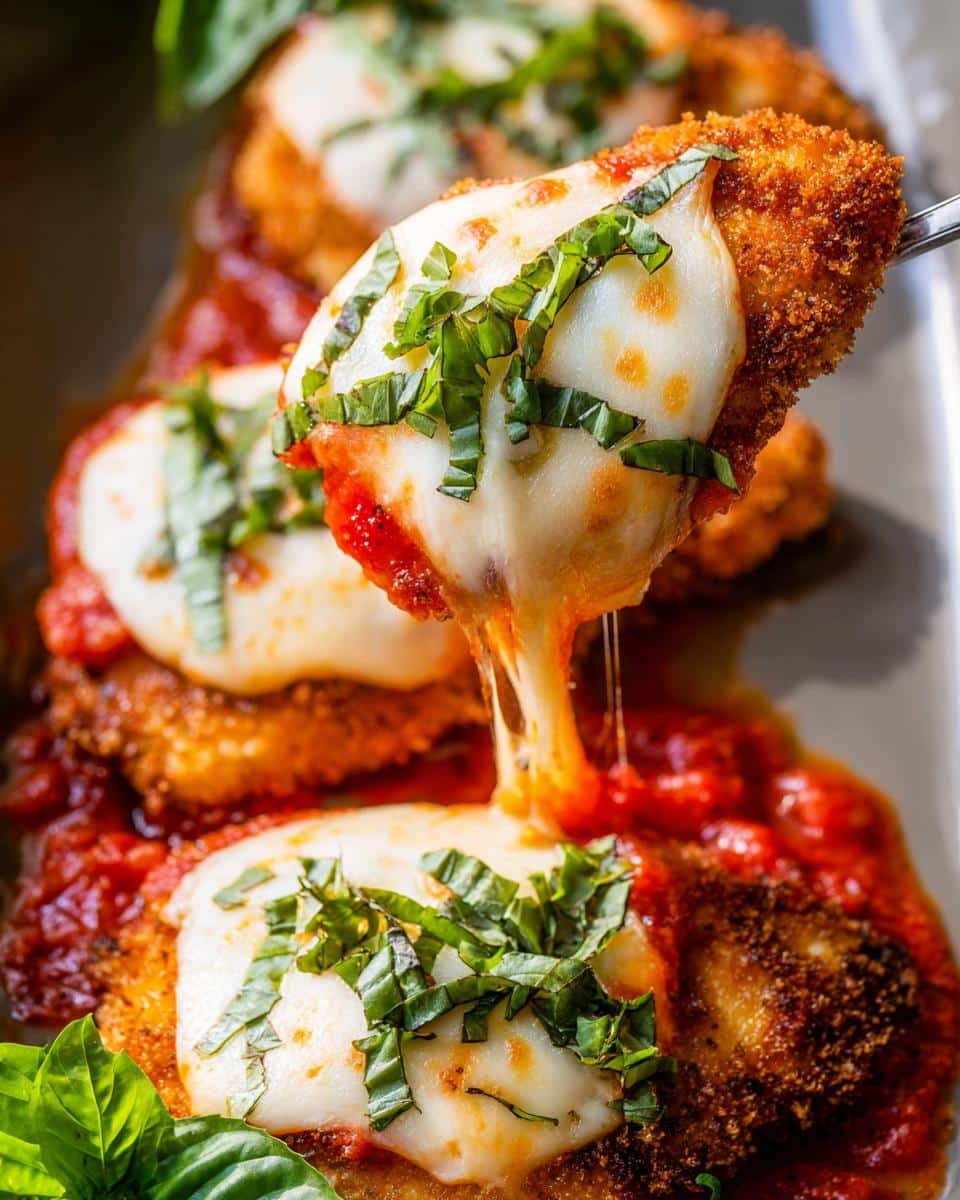 Close-up of a piece of Baked Chicken Parmesan being lifted, showing a dramatic cheese pull and fresh basil.