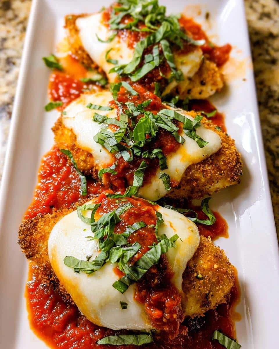 Three servings of golden brown Baked Chicken Parmesan topped with melted mozzarella, marinara sauce, and fresh basil.
