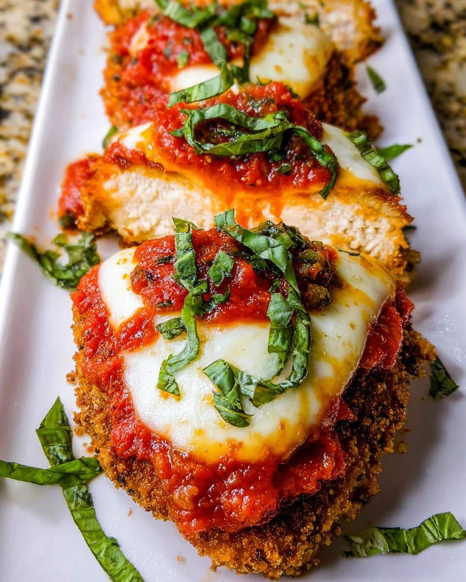 Slices of golden-brown Baked Chicken Parmesan topped with melted mozzarella, marinara sauce, and fresh basil.