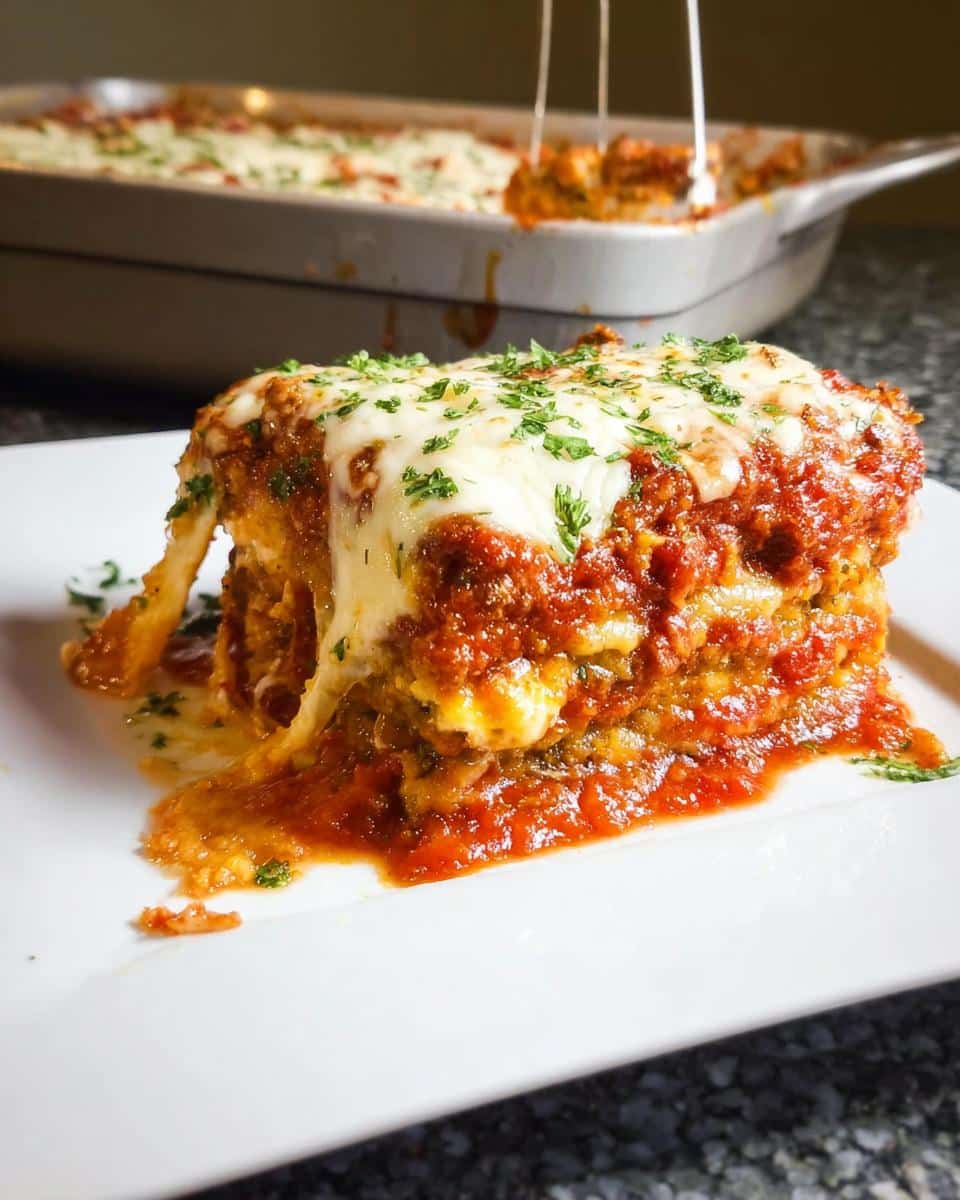 A gooey, cheesy slice of Baked Eggplant Parmesan covered in marinara sauce and fresh parsley.