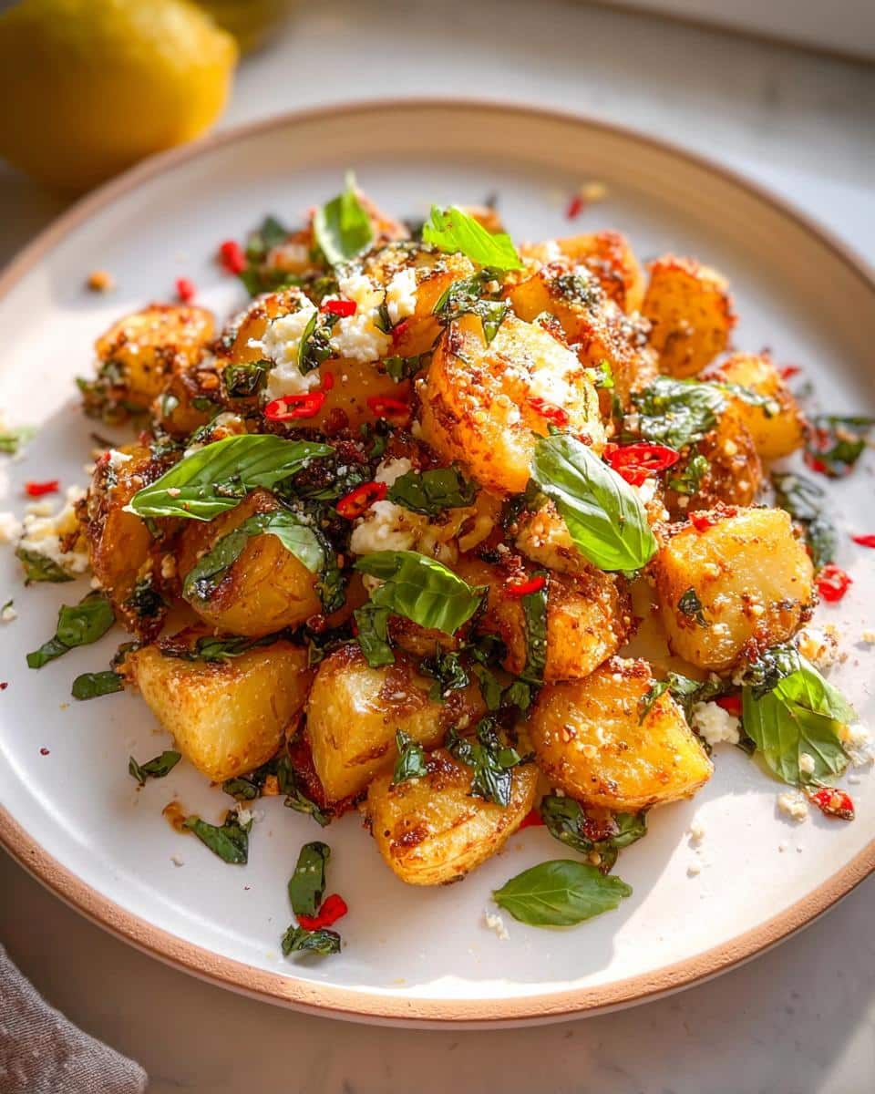 A mound of golden Baked Feta Potatoes with Garlic & Herbs, topped with fresh basil and chili slices.