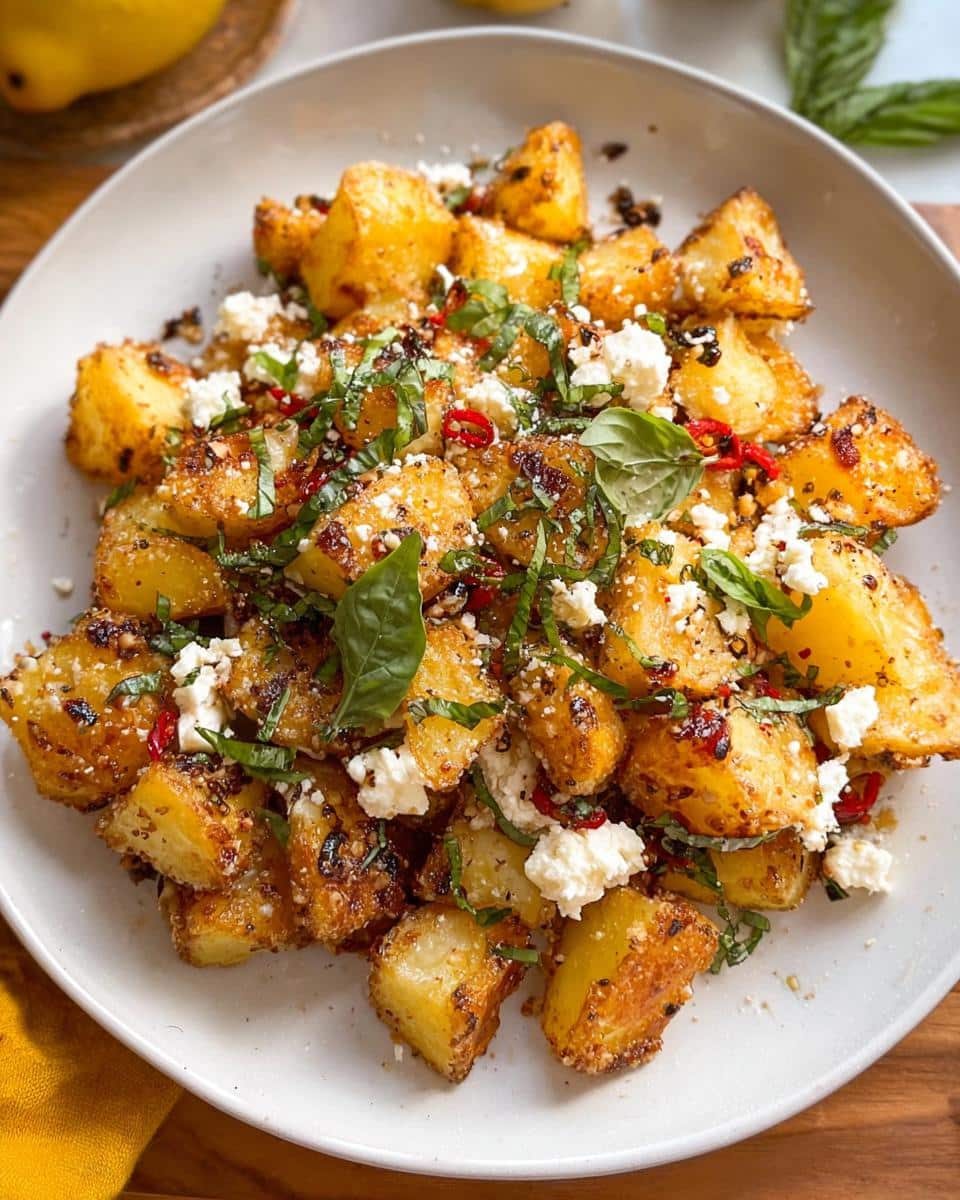 Close-up of golden Baked Feta Potatoes with Garlic & Herbs, topped with crumbled feta and fresh basil.