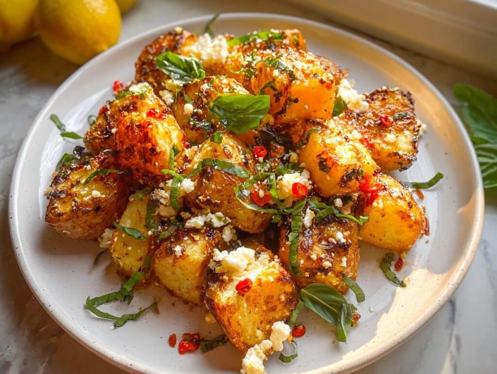 A plate of golden, roasted Baked Feta Potatoes with Garlic & Herbs, garnished with fresh basil and chili.