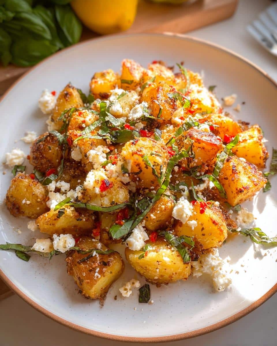 Close-up of golden roasted Baked Feta Potatoes with Garlic & Herbs, topped with crumbled feta and fresh basil.