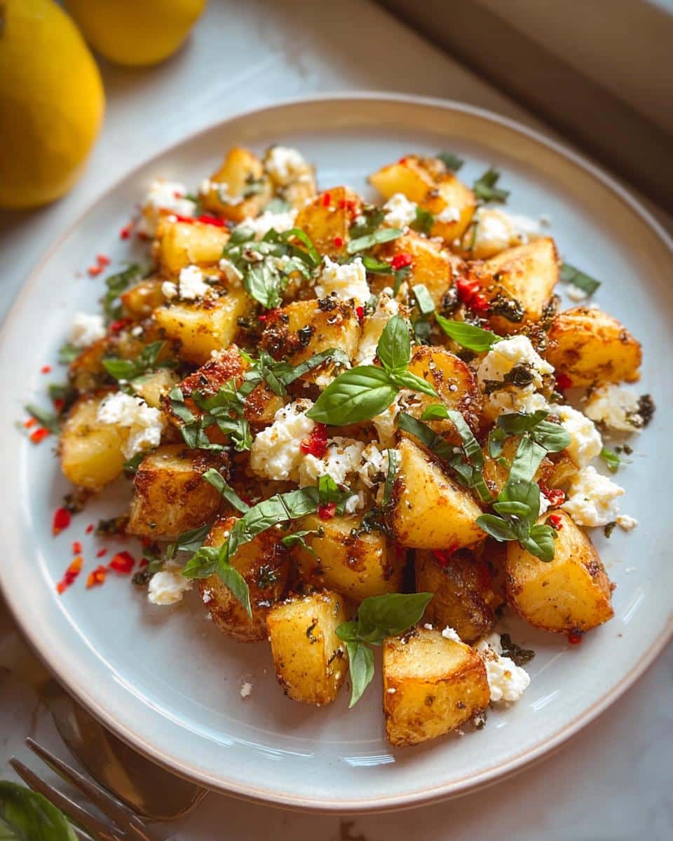 Close-up of golden roasted Baked Feta Potatoes with Garlic & Herbs, topped with crumbled feta and fresh basil.