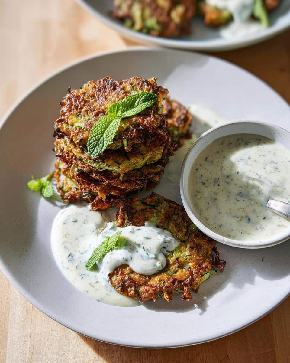 A stack of golden brown Baked Zucchini Fritters with Yogurt Dip, garnished with fresh mint.