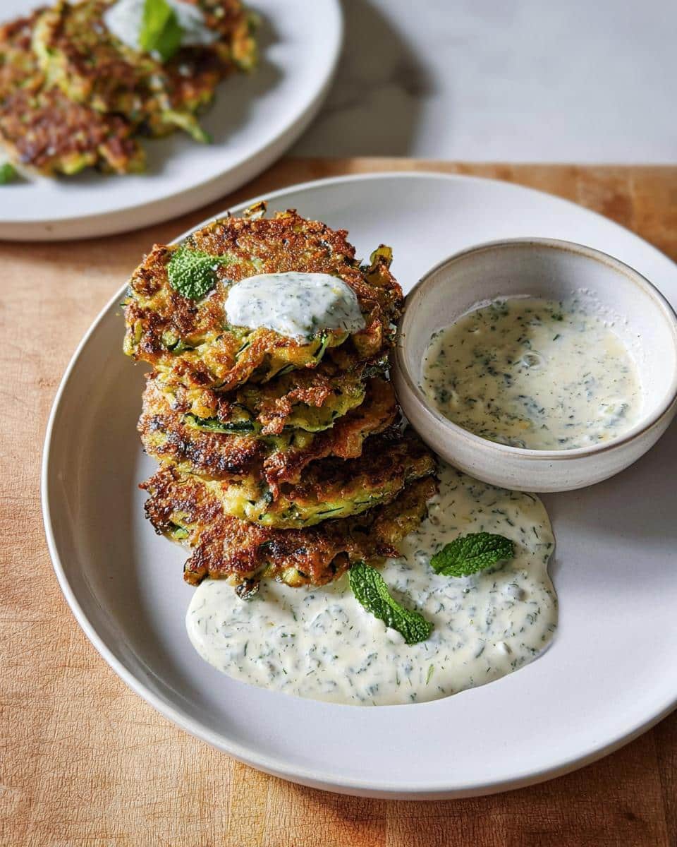 A stack of golden brown Baked Zucchini Fritters served with a side of creamy yogurt dip garnished with mint.