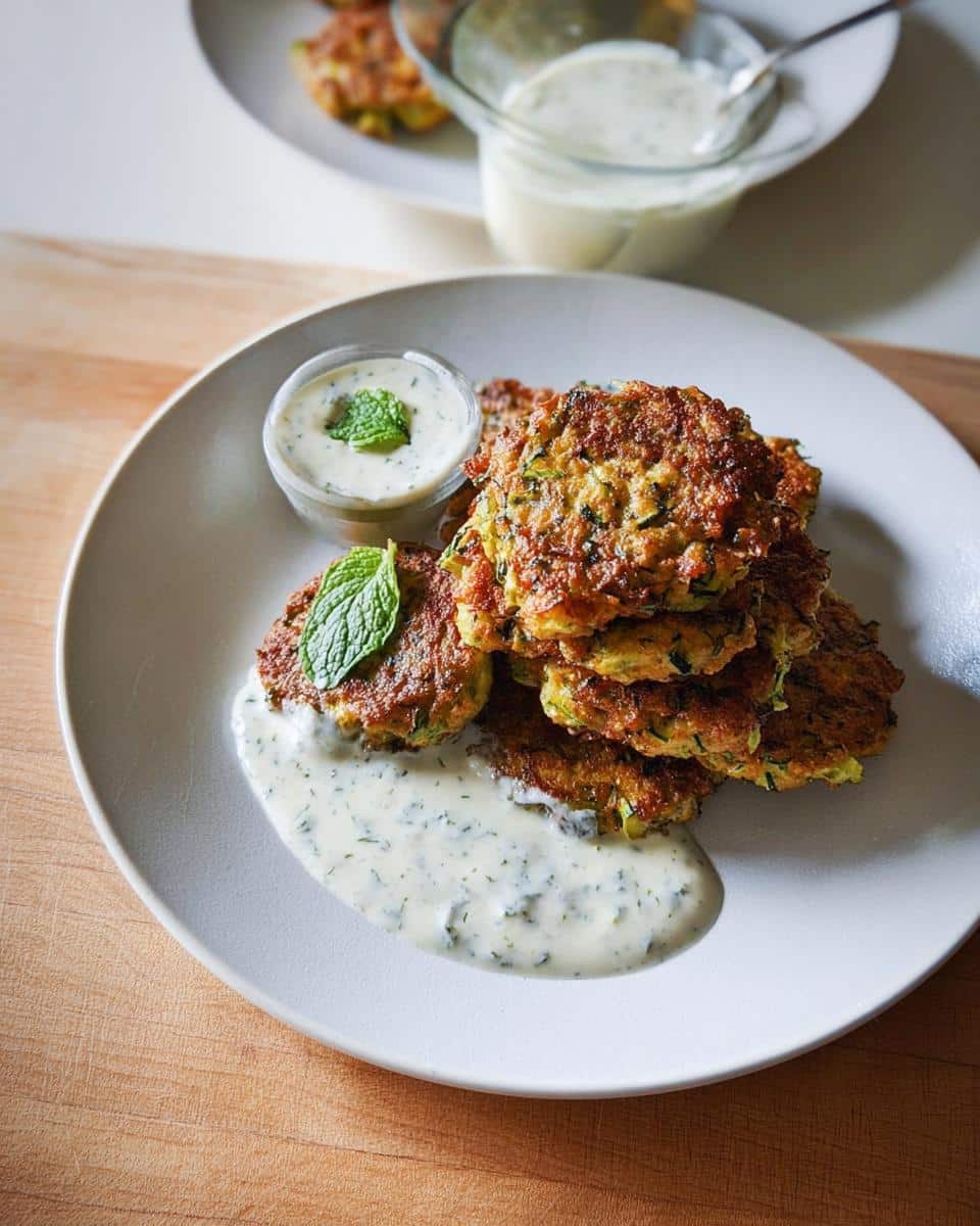 A stack of golden brown Baked Zucchini Fritters served on a white plate with a side of creamy yogurt dip garnished with mint.